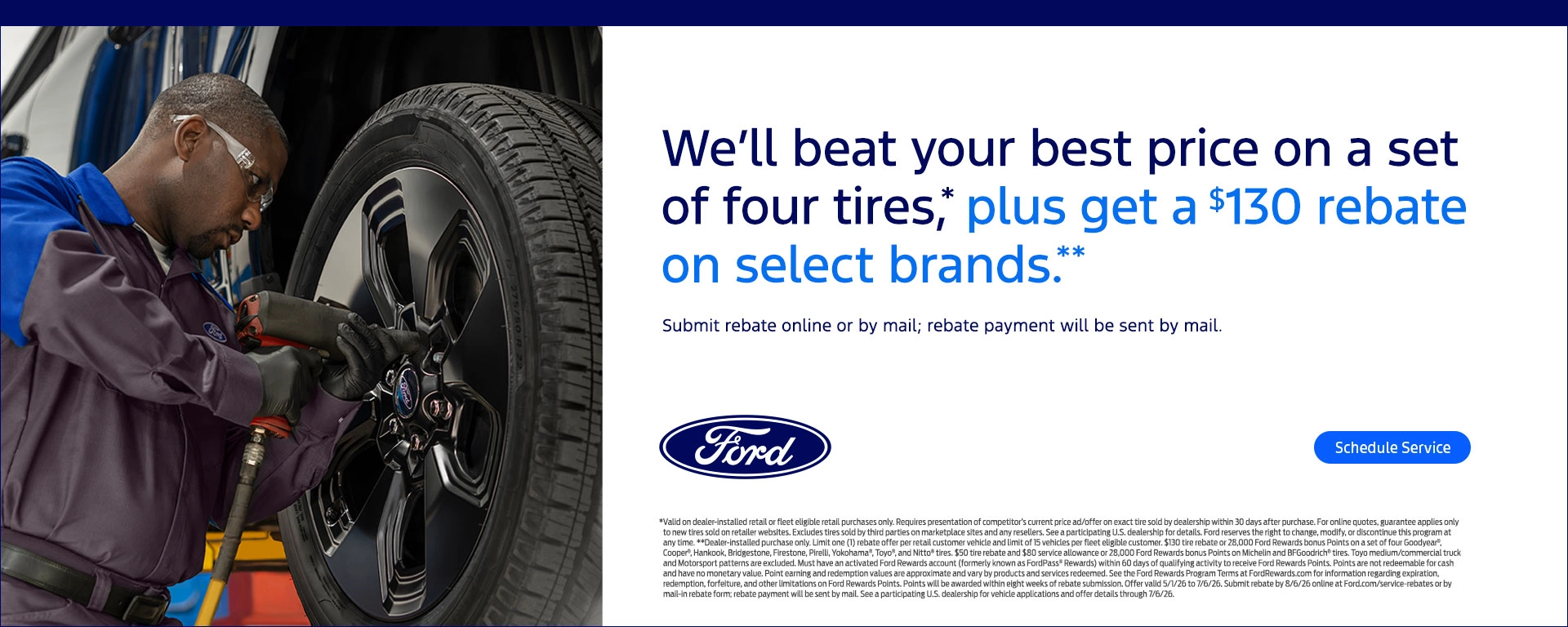 Best price on set of 4 tires with $130 rebate selected brand